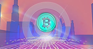 Bitcoin symbol over binary coding data processing against cityscape in background