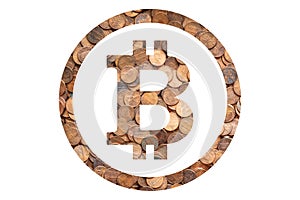 Bitcoin Symbol and Piles of Coins, Money, Pennies