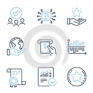 Bitcoin system, Diagram chart and Loyalty program icons set. Vector