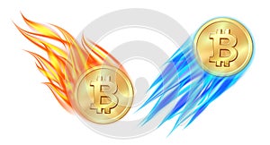 Bitcoin take off - flaming bitcoin with blue fire and Falling bitcoin sign on fire.