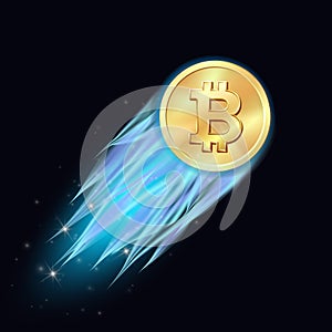 Bitcoin take off - flaming bitcoin with blue fire, flying up like rocket, cryptocurrency growth.