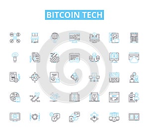 Bitcoin tech linear icons set. Cryptocurrency, Blockchain, Mining, Node, Hashrate, Satoshi, Digital line vector and