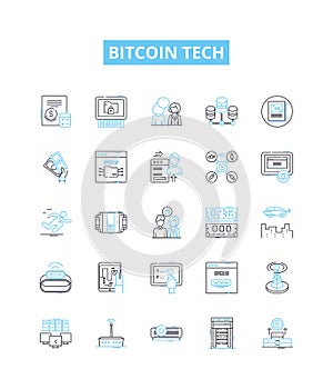 Bitcoin tech vector line icons set. Bitcoin, Tech, Blockchain, Cryptocurrency, Mining, Digital, Exchange illustration