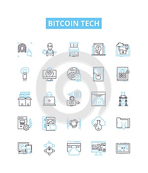 Bitcoin tech vector line icons set. Bitcoin, Tech, Blockchain, Cryptocurrency, Mining, Digital, Exchange illustration