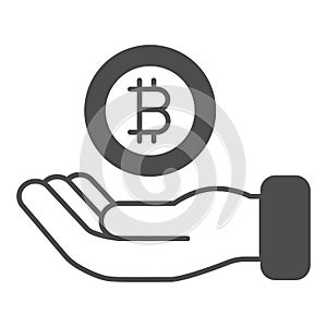 Bitcoin on thr palm of the hand solid icon, cryptocurrency concept, BTC support vector sign on white background, glyph