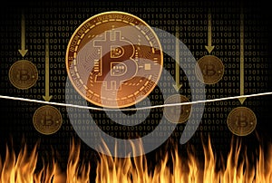 Bitcoin tightrope balancing act crash and burn falling value scene as bitcoins fall into the fire in the background