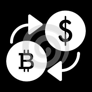 Bitcoin to dollar exchange solid icon. vector illustration isolated on black. glyph style design, designed for web and