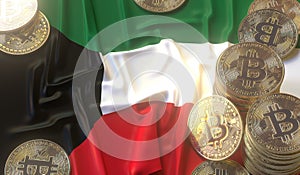 Bitcoin tokens and flag of Kuwait. Cryptocurrency related 3D rendering