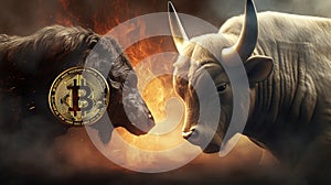 Bitcoin trading battle, angry bull confronts ferocious bear in stock market showdown