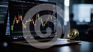 Bitcoin with trading graph on computer screen background. Al generated