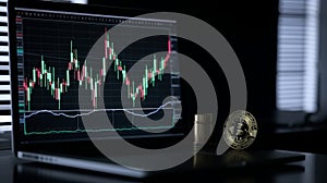 Bitcoin with trading graph on computer screen background. Al generated
