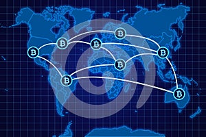 Bitcoin transactions on a blue world map