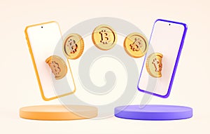 Bitcoin transfer between mobile phones, P2P sending and receiving BTC coins. Smartphone online exchange payment app,