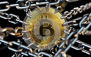 Bitcoin trapped with chains - cryptocurrencies in trouble concept. Bans, restrictions, taxes, illegal. 3D rendering