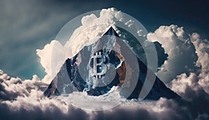 Bitcoin In A Triangular Mountaint Blue Cloud Sky. Generative AI