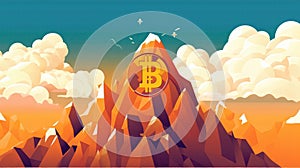 Bitcoin In A Triangular Mountaint Blue Cloud Sky. Generative AI