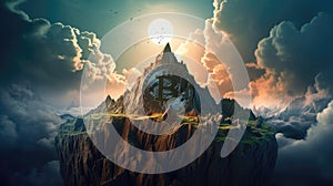 Bitcoin In A Triangular Mountaint Blue Sky. Generative AI