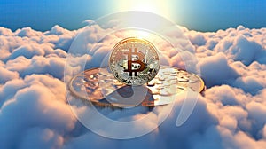 Bitcoin In A Triangular Mountaint Blue Sky. Generative AI