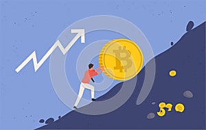 Bitcoin upward growth. Miner lifts up a big bitcoin coin uphill, upward trend concept. Crypto currency