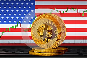 Bitcoin USA; bitcoin BTC coin on the background of the flag of United States of America