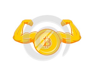 Bitcoin vector, golden coin with strong man`s arms shows muscle and strength