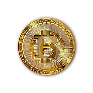 Bitcoin. Vector realistic shiny gold bitcoin with a Shadow. Golden digital cryptocurrency coin. Electronics finance money symbol.