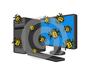 Bitcoin virus bug infected computer. Digital currency computer virus