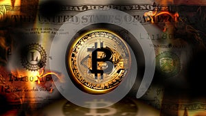 Bitcoin vs dollar, United States banknote dollar burning on the photo