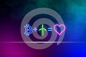 Bitcoin, windmill and heart icon. made of neon, in smoke on a colorful background. the concept of dirty mining damaging the