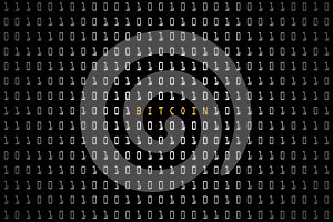 Bitcoin word with technology digital dark or black background with binary code in white color 1001.