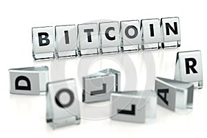 BITCOIN word written on blocks and fallen over blurry blocks with DOLLAR letters. Isolated on white. The most popular