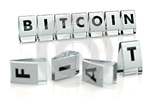 BITCOIN word written on blocks and fallen over blurry blocks with FIAT letters. Isolated on white. The most popular cryptocurrency