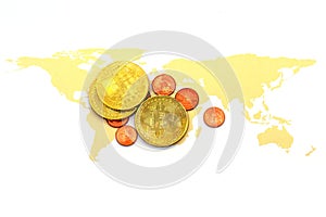 Bitcoin on world map and on white background