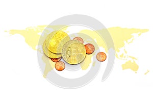 Bitcoin on world map and on white background