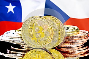 Bitcoins on Chile and Czech Republic flag background