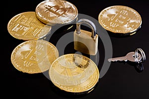Bitcoins coins and closed padlock