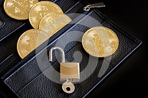 Bitcoins in a wallet and padlock