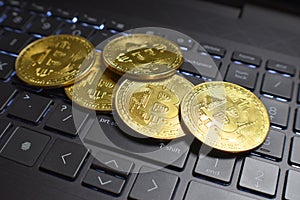 Bitcoins Crypto Currency Close Up On Laptop Keyboard   High Quality