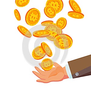 Bitcoins Falling To Business Hand Vector. Flat, Cartoon Gold Coins Illustration. Cryptography Finance Coin Design