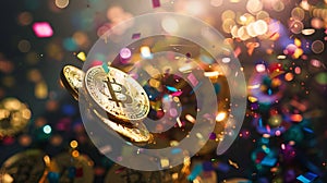 Bitcoins flying in the air with confetti