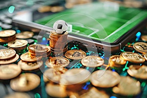 Bitcoins, a football and a smartphone with a football field. The concept of gambling and sports betting