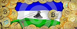 Bitcoins Gold around Lesoto flag and pickaxe on the left.3D Ill photo