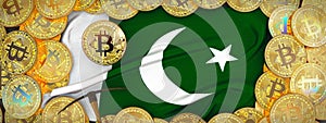 Bitcoins Gold around Pakistan flag and pickaxe on the left.3D I