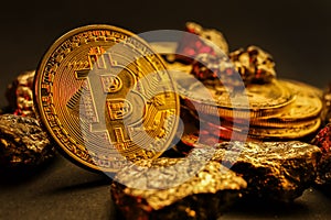 Bitcoins and gold nuggets on table