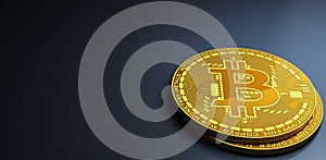 Bitcoins laying on reflective surface, 3d Rendering photo
