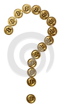 Bitcoins shaped like a question mark with clipping path