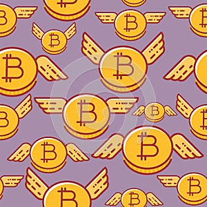 Bitcoins with wings, seamless pattern, flat design style