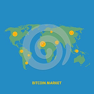 Bitcoins on world map illustration - money transfer