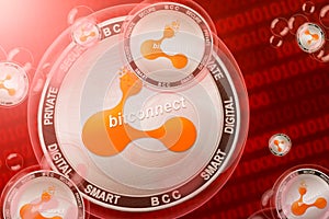 Bitconnect crash, bubble. bitconnect BCC cryptocurrency coins in a bubbles on the binary code background photo