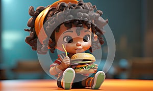 Bite-sized chibi munches on a yummy hamburger, capturing hearts with every nibble
